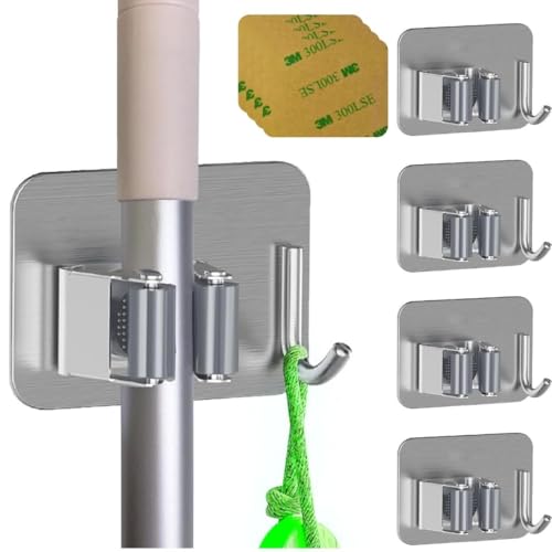 Ataraxia Home - Set mit 4 Haken für Besen und Mopp, selbstklebend, Organizer und Halterung für Besen, Besen und Mopp, Wandhalterung - Mopphalter zum Aufhängen von Besen und Mopps (grau) von Ataraxia Home