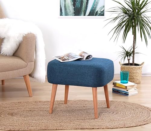 Atelier Del Sofa Bohemian Pouffe with Wooden Legs, Blue, 50 x 43 x 42 cm | 50% Cotton & 50% Linen, 5 cm Orthopedic Sponge | Stylish & Comfortable for Home & Hotel von Atelier Del Sofa