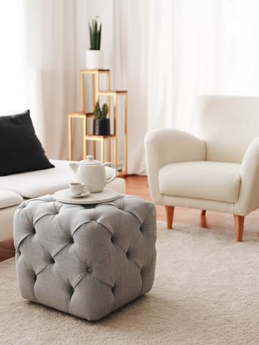 Stylish Grey Pouffe, 48 x 48 x 48 cm | 100% Wooden Frame, Soft Linen Fabric | Perfect for Modern Living Rooms & Cozy Spaces, Versatile & Chic Design von Atelier Del Sofa