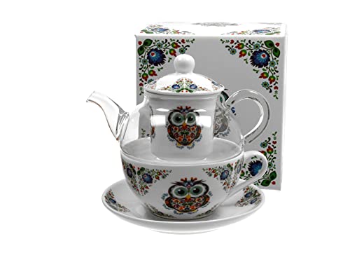 Tea for One mit Motiv Eule Charly Porzellan/Glas Teekanne mit Tasse und Geschenkkarton von Atelier Harmony