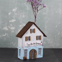 Landhaus Deko - Holzhaus Shabby Vase Blau Weiß 20cm Geschenk Zum Einzug Geburtstagsgeschenk Atelier Keimzelle von AtelierKeimzelle