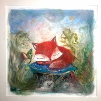 Baby Fuchs Und Igel Bild Auf Papier Mit Passepartout 23 X cm, Ohne Rahmen, Misch Technik Handarbeit Wolle Seide von AtelierKidsGifts