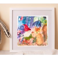 Zwerg Und Eichhörnchen, Bild Papier Mit Passepartout 23 X cm, 9", Ohne Rahmen, Mischtechnik, Wolle Seide, Waldorf Kunst, Handarbeit von AtelierKidsGifts
