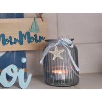 Großes Windlicht-Aus Glas in Hellblau Mit Schleife Und Dekostern Aus Filz von AtelierLumiereDesign