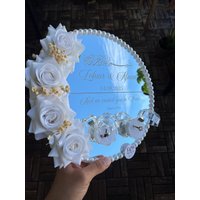 Verlobungstablett Mit Perlen, Gravierte Schrift, Nikkah Ring Tray, Nisantepsi Nikahtepsi Söz, Spiegel, Standesamt, Hochzeit, Verlobung von AtelierofBC