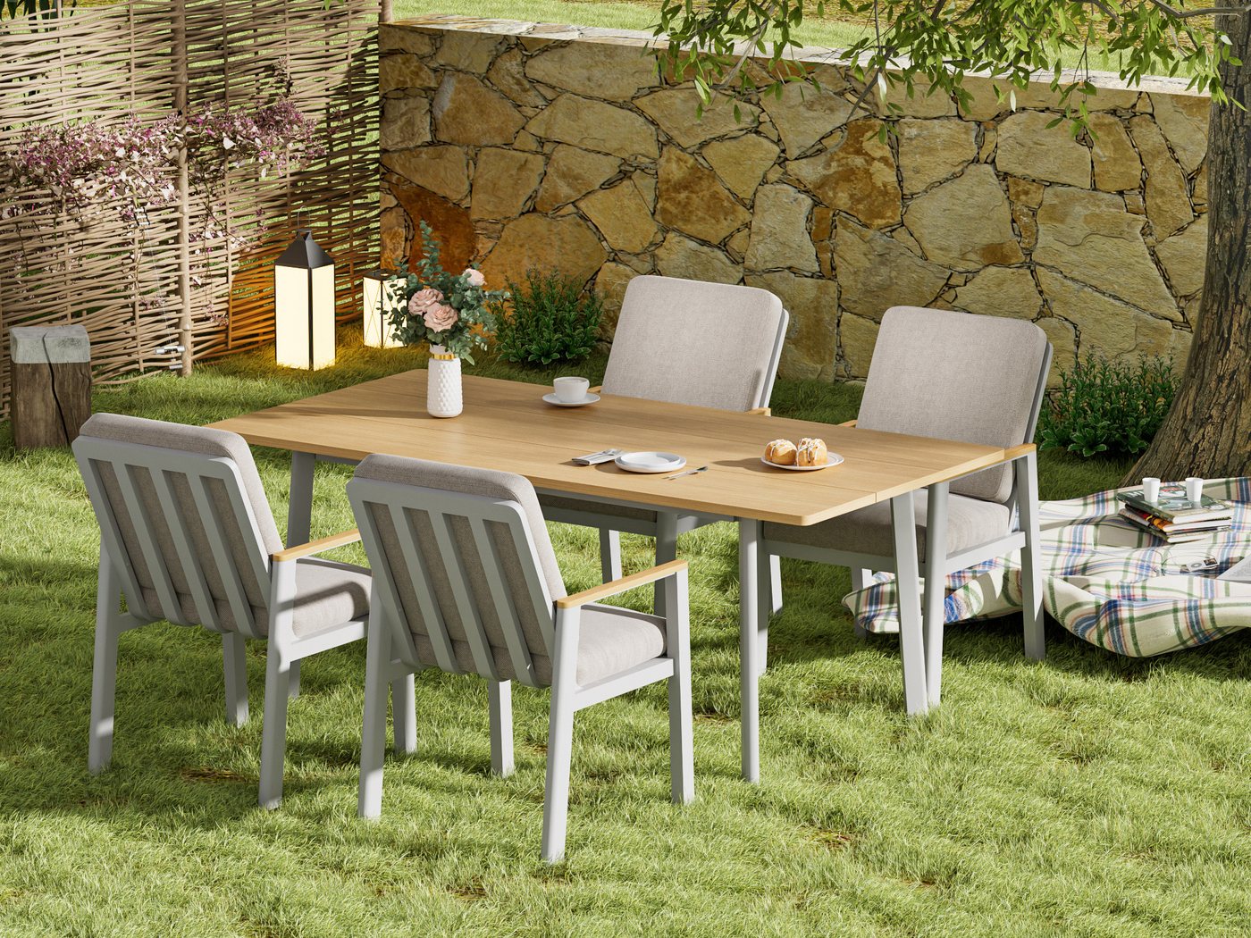 Atenza Gartenlounge-Set Aluminium Essgruppe für Innen und Außenbereich, 5-teiliges Set, (4 Stühle, 1 Esstisch 150x80 cm), in Eichenfarbe von Atenza