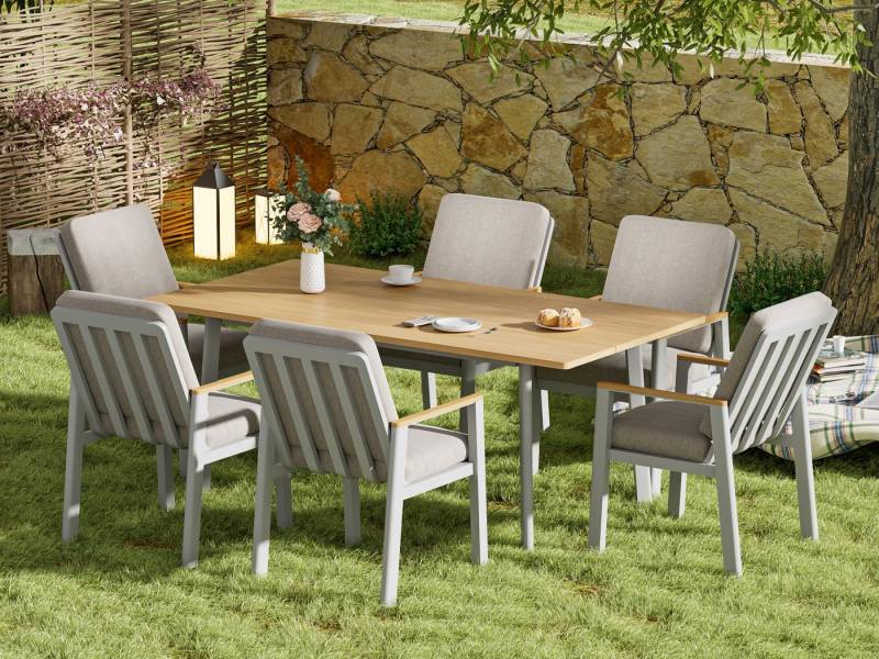 Atenza Gartenlounge-Set Aluminium Essgruppe für Innen und Außenbereich, 7-teiliges Set, (6 Stühle, 1 Esstisch 150x80 cm), in Eichenfarbe von Atenza