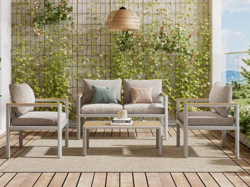 Atenza Gartenlounge-Set Balkonsofa aus Aluminium, wetterfest, rostfrei und pflegeleicht, (4-teiliges Balkonmöbel-Set, 1 2-Sitzer-Sofa, 2 Einzelsessel, 1 Couchtisch), Gartenlounge von Atenza