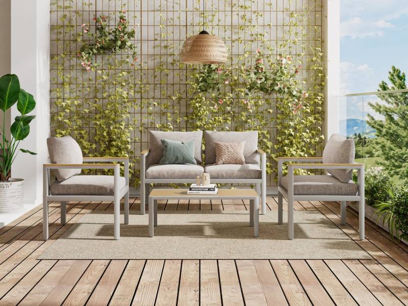 Atenza Gartenlounge-Set Balkonsofa aus Aluminium, wetterfest, rostfrei und pflegeleicht, (4-teiliges Balkonmöbel-Set, 1 2-Sitzer-Sofa, 2 Einzelsessel, 1 Couchtisch), weiße Gartenlounge von Atenza