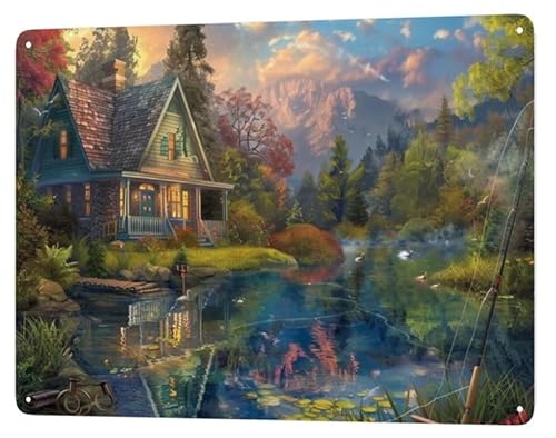 Blechschild Bergvilla Wald Fluss Lustige Neuheit Zimmer Garage Bar Dekor Wandkunst Metall-Blechschilder für Damen Herren 30,5 x 20,3 cm von AthLeY