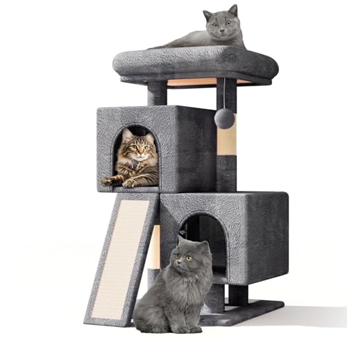 Athena Collection Kleiner Katzenbaum, modern, 86,4 cm, niedlicher Katzenbaumturm mit Kratzbaum, 2 Condo Aktivitätsplattform und Spielball für den Innenbereich, Dunkelgrau von Athena Collection