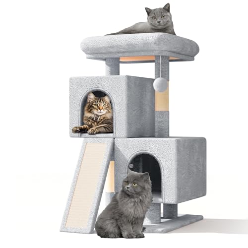 Athena Collection Kleiner Katzenbaum, modern, 86,4 cm, niedlicher Katzenbaumturm mit Kratzbaum, 2 Condo Aktivitätsplattform und Spielball für den Innenbereich, Hellgrau von Athena Collection