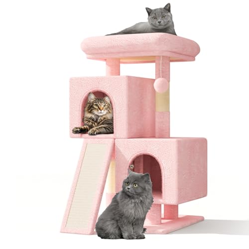 Athena Collection Kleiner Katzenbaum, modern, 86,4 cm, niedlicher Katzenbaumturm mit Kratzbaum, 2 Condo Aktivitätsplattform und Spielball für den Innenbereich, Rosa von Athena Collection