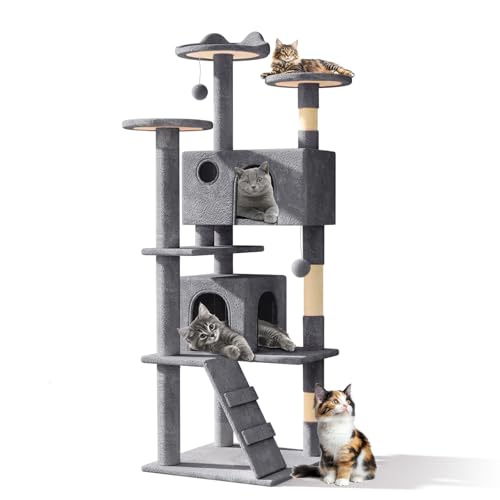 Athena Collection Moderner Katzenbaumturm, 152,4 cm hoch, Katzenbaum, Kletterturm mit Kratzbaum, 2 Condo Multi-Level-Aktivitätszentrum und Spielball für den Innenbereich, große Erwachsene, Dunkelgrau von Athena Collection