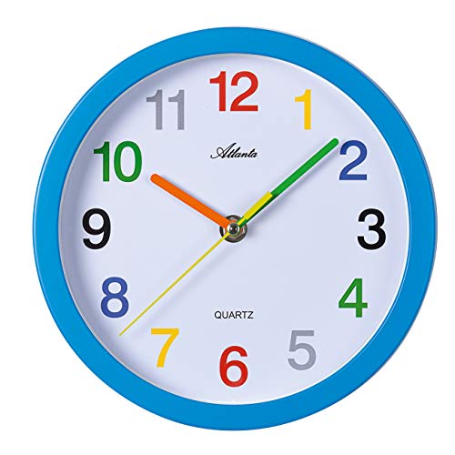 Atlanta Wanduhren Analog blau für Kinder mit bunten Zahlen Lernuhr 4352-5 Geräuscharm - Schleichende Sekunde von Atlanta