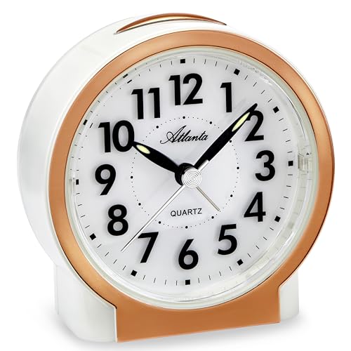 Wecker ohne Ticken geräuscharm mit Licht Snooze Quarz Analog - 2173/18 (Rosegold/Weiß) von Atlanta