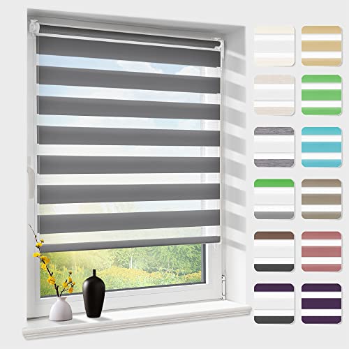 Doppelrollo klemmfix ohne Bohren, Duo Rollos für Fenster & Tür mit Bohren, Version 2024 Anthrazit 45x140cm (BxH), Fensterrollo lichtdurchlässig & verdunkelnd, Klemmrollo Sonnenschutz von Atlaz