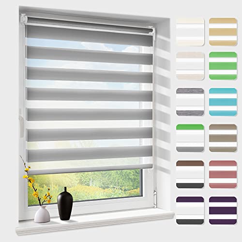 Doppelrollo klemmfix ohne Bohren, Duo Rollos für Fenster & Tür mit Bohren, Version 2024 Grau 105x220cm (BxH), Fensterrollo lichtdurchlässig & verdunkelnd, Klemmrollo Sonnenschutz & Sichtschutz von Atlaz