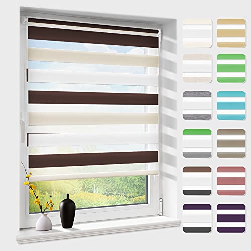 Doppelrollo klemmfix ohne Bohren, Duo Rollos für Fenster & Tür mit Bohren, Weiß Creme Braun 100x120cm (BxH), Fensterrollo lichtdurchlässig & verdunkelnd, Klemmrollo Sonnenschutz & Sichtschutz von Atlaz