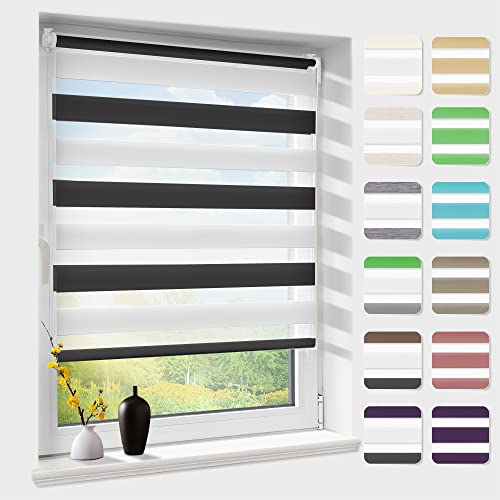 Doppelrollo klemmfix ohne Bohren, Duo Rollos für Fenster & Tür mit Bohren, Version 2024 Weiß Schwarz 50x150cm (BxH), Fensterrollo lichtdurchlässig & verdunkelnd, Klemmrollo Sonnenschutz & Sichtschutz von Atlaz