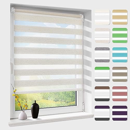 Doppelrollo klemmfix ohne Bohren, Duo Rollos für Fenster & Tür mit Bohren, Version 2024 Natur 100x100cm (BxH), Fensterrollo lichtdurchlässig & verdunkelnd, Klemmrollo Sonnenschutz von Atlaz