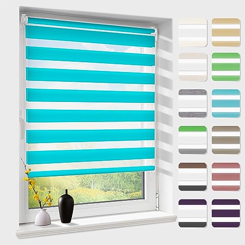 Doppelrollo klemmfix ohne Bohren, Duo Rollos für Fenster & Tür mit Bohren, Version 2024 Türkis 45x140 cm (BxH), Fensterrollo lichtdurchlässig & verdunkelnd, Klemmrollo Sonnenschutz von Atlaz