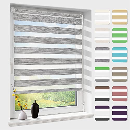 Doppelrollo klemmfix ohne Bohren, Duo Rollos für Fenster & Tür mit Bohren, Version 2025 Dunkelgrau B70 x H230cm (Stoffbreite 66cm), Fensterrollo lichtdurchlässig & verdunkelnd, Klemmrollo Sonnenschutz von Atlaz