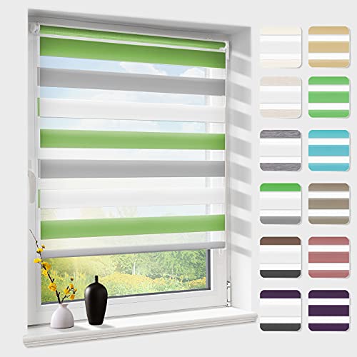 Doppelrollo klemmfix ohne Bohren, Duo Rollos für Fenster & Tür mit Bohren, Weiß Grau Grün 100x140cm (BxH), Fensterrollo lichtdurchlässig & verdunkelnd, Klemmrollo Sonnenschutz & Sichtschutz von Atlaz