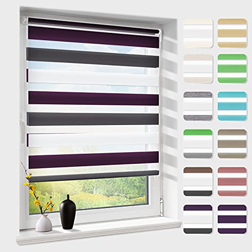 Doppelrollo klemmfix ohne Bohren, Duo Rollos für Fenster & Tür mit Bohren, Weiß Lila Anthrazit 40x130cm (BxH), Fensterrollo lichtdurchlässig & verdunkelnd, Klemmrollo Sonnenschutz & Sichtschutz von Atlaz