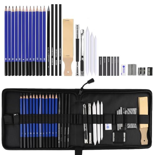 Atliberswo 33 Stück Zeichen und Skizzierkit Set mit Skizzenstiften Graphitstiften Holzkohlestiftenwird praktischer Reißverschlusstasche für Künstler Anfänger Erwachsene und Kinder von Atliberswo