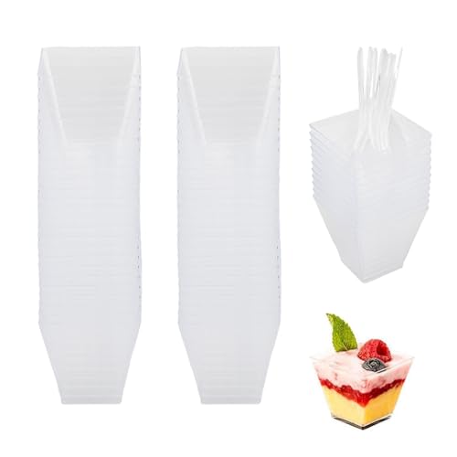 Atliberswo 50 Dessertgläser, Plastik Dessertbecher,60Ml, Inklusive 50 Suppenlöffel. Ideal Für DIY-Desserts Wie Mousse, Pudding, Eiscreme. Perfekt Für Dessertpartys Und Picknickservice von Atliberswo