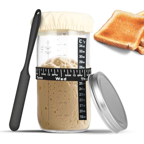 Atliberswo Sauerteig Glas 35oz/1000ml, Sauerteig Starter Set – Gärglas mit Thermometer, Silikon-Spatel, Aluminium-Deckel & wiederverwendbarem Fütterungsband (Brotbacken Zubehör) von Atliberswo