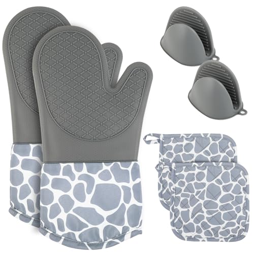 Ofenhandschuhe Set mit Topflappen - 6er Premium-Set Hitzebeständig bis 230°C - Inkl. 2X Silikon Mini-Handschuhe, 2X Backhandschuhe & 2X Topflappen | Langlebig für Grillen, Backofen, Küche (Grau) von Atliberswo