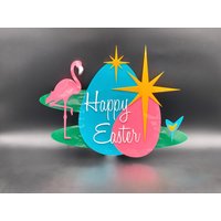 3D Mid Century Modern "Frohe Ostern" Schild | Frühlingsdekoration Wandkunst Rosa Flamingo Atomic Avocado Designs® von AtomicAvocadoDesigns