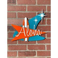 Mid Century Modern "Aloha" Boomerang Schild | Surfbrett Kunst Wandkunst Retro Tiki-Bar Mcm Atomic Avocado Designs® von AtomicAvocadoDesigns