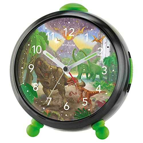 Atrium Kinderwecker Jungen T-Rex Time Dinosaurier Schwarz Grün Analog Quarz ohne Ticken mit Licht und Snooze A932-4 von Atrium