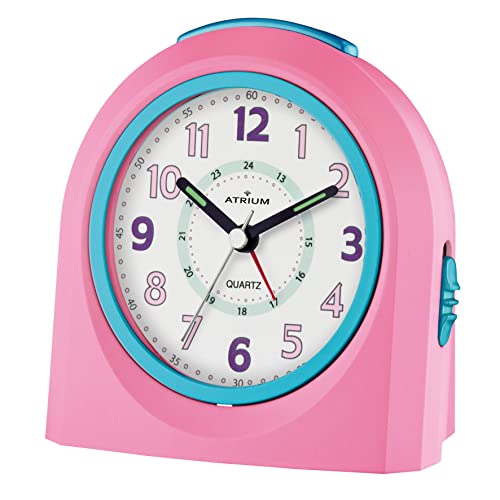 Atrium Kinder Wecker Analog Quarz ohne Ticken mit Licht und Snooze Rosa Türkis A921-17 von Atrium