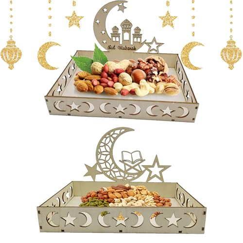 Atsmoce®2 Stück Ramadan Deko Holz Tablett, Ramadan Teller, Eid Mubaraks Tablett, Ramadan Dessert Tablett mit Mond und Stern Ramadan, Tischdeko für Eid-Tische, Ramadan Geschenke von Atsmoce