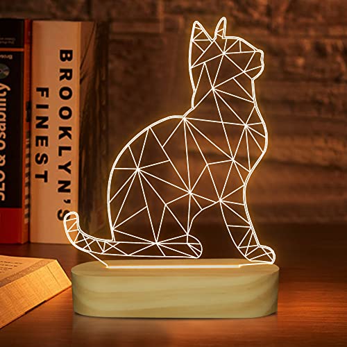 Attivolife Katze Nachtlicht, Ketty 3D LED Optische Tischlampe aus Holz, beste Raumdekoration Miau Geburtstag Urlaub Haustier Geschenk Geschenke für ihre Freundin Kind Warme Farbe von Attivolife