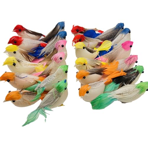 Attuslla 24 Stück Simulation Feder Vögel Künstliche Vögel Bunt Künstliche Simulation von Vögeln für Vogelmodell Basteleien, Heim Ornamente Garten Hochzeits Dekoration von Attuslla