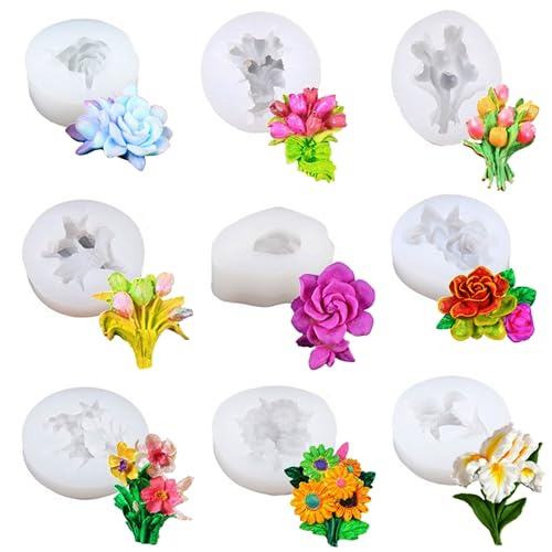 Attuslla 9 Stück 3D Blumen Silikon Gießformen, 3D Rose Silikon Gussformen Gänseblümchen Gießform, Schmuckformen Silikon Epoxidharz Harz Casting Form für Heimtextilien von Attuslla