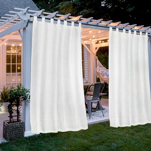 AtuakB Outdoor Vorhänge Für Terrassen, Wasserabweisend 2 Paneele Mit Klettverschluss Indoor-Voile-Vorhänge Für Wohnzimmer, Schlafzimmer Veranda Pergola (Gebleichtes Weiß,W 52" x L 108"(132 * 274cm)) von AtuakB