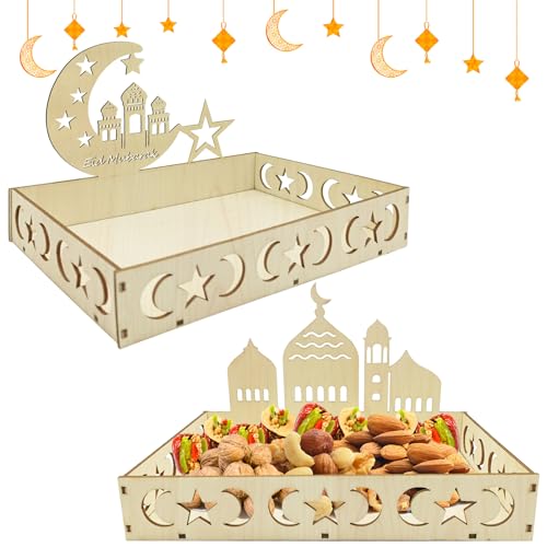 Atuoxing 2STK Ramadan Deko Tablett, Eid Mubarak Holz Teller mit Mond Stern Ramadan Tischdeko, Serviertablett für Ramadan Kareem Dekoration von Atuoxing