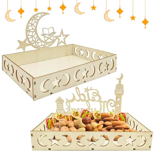 Atuoxing 2STK Ramadan Deko Tablett, Eid Mubarak Holz Teller mit Mond Stern Ramadan Tischdeko, Serviertablett für Ramadan Kareem Dekoration von Atuoxing