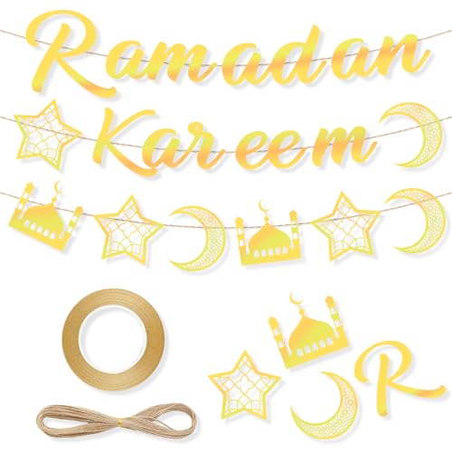 Atuoxing 3 Stück Ramadan Girlande Deko, Eid Mubarak Dekoration, 2024 Ramadan Kareem Golden Banner, Ramazan Hängebanner für Eid Festival Party von Atuoxing