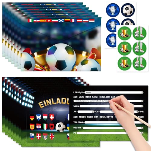 Atuoxing EURO 2024 Germany, 12 Fussball Einladungskarten im Karten-Set, 12 Umschlägen+12 Aufkleber, Fussball-Party - Einladungen für Kinder & Erwachsene (A) von Atuoxing