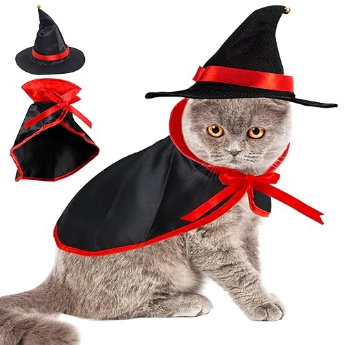 Atuoxing Halloween Katze Umhang Kostüm mit Hut, Halloween Haustier Kostüm Set für Katzen und kleine Hunde, Haustierkostüme Cosplay Kleidung Requisiten von Atuoxing