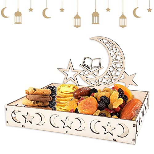 Atuoxing Ramadan Teller, Eid Mubarak Teller Holz Tablett, Dessert Tablett Holz Teller mit Mond und Stern Muster Ramazan Deko, für Süßigkeiten Kuchen Kekse, für Eid- Tischdekoration (A) von Atuoxing