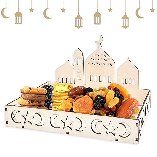 Atuoxing Ramadan Teller, Eid Mubarak Teller Holz Tablett, Dessert Tablett Holz Teller mit Mond und Stern Muster Ramazan Deko, für Süßigkeiten Kuchen Kekse, für Eid- Tischdekoration (C) von Atuoxing