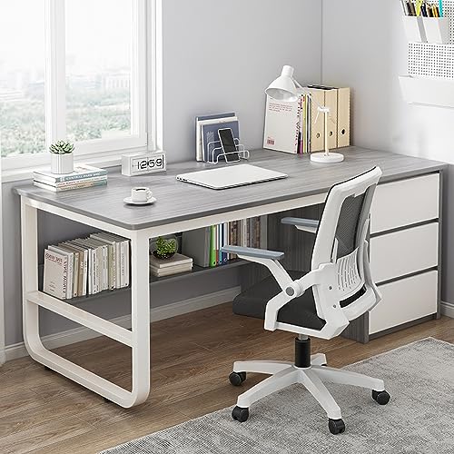 Atwnjkp Computertisch mit Bücherregal und 3 Schubladen, Studentenschreibtisch, moderner, einfacher Lerntisch für Zuhause, Büro/Arbeitsplatz (39 Zoll, grau) von Atwnjkp